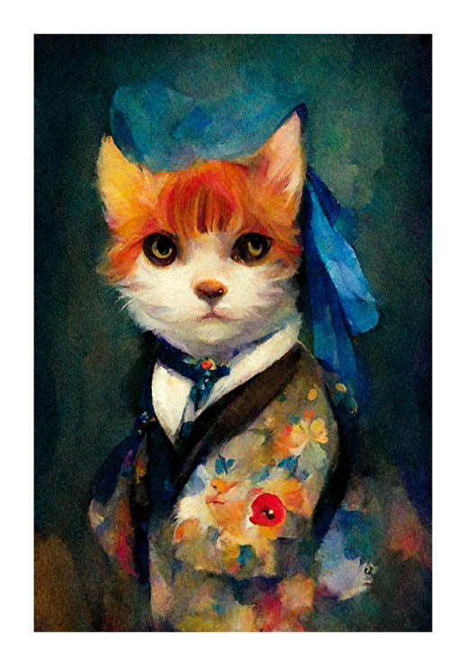 Plakat: Cat with Clothes Af Winnie - Kat i tøj - Grafisk plakat af en kat klædt i en blomstret jakke og blå sløjfe håret. - Inzpero Danmark