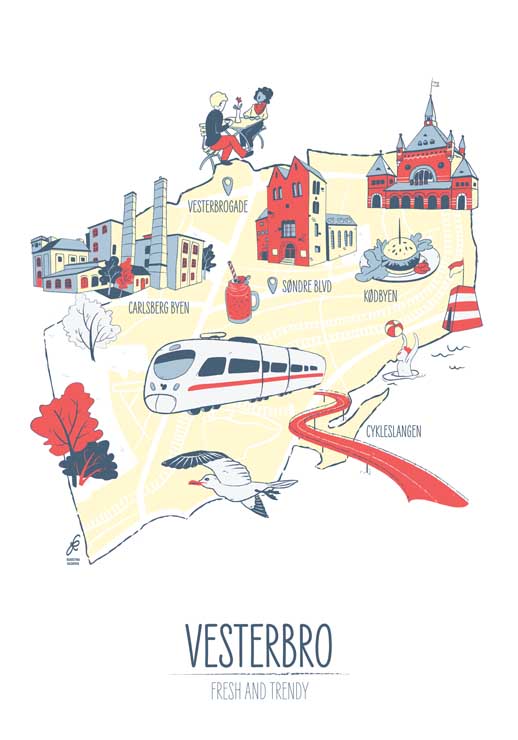 Plakat: Vesterbro Map Af Kazakova - Vesterbro kort - Illustreret kort over Vesterbro. - Danmark